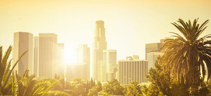 Los Angeles downtown skyline at sunset