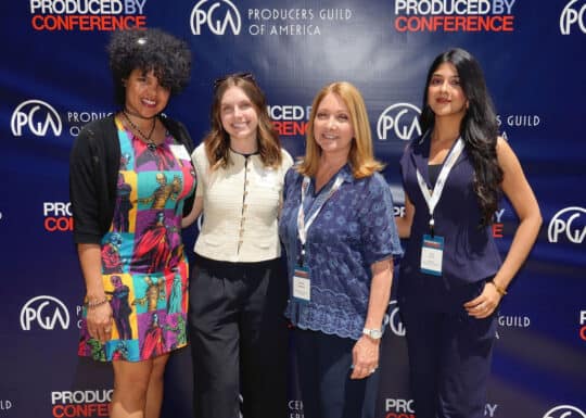 From left to right: Content Marketing Specialist for First Entertainment Credit Union Monica Carter, Senior Community Relationship Specialist for First Entertainment Paige Gardner, Producers Guild of America Sponsorship Specialist Diane Salerno, and Premier Relationship Specialist for First Entertainment's The A-List Rika Bhatia at the 2026 Produced By Conference. Photo provided by the Producers Guild of America
